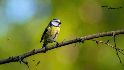 Blue Tit Perched on Branch Against Blurred Green Background in Natural Daylight Conditions
