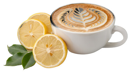 White ceramic cup containing hot latte coffee with rosetta art, placed next to fresh yellow lemon slices isolated on transparent background