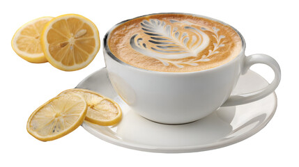 White porcelain cup of hot cappuccino featuring beautiful fern latte art and fresh lemon slices isolated on transparent background