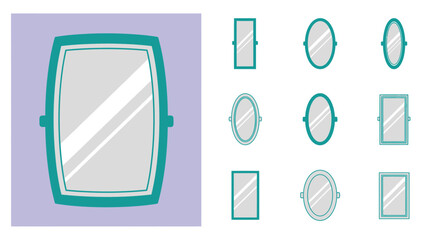 Collection of various shaped mirrors and a large rectangular framed mirror