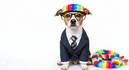 Dog in suit. Pet is dressed up in humorous stylish suit complete with a tie for intellectual look. Trendy dog clothing for Funny humor. Dog with glasses and colorful costume 49985449 1