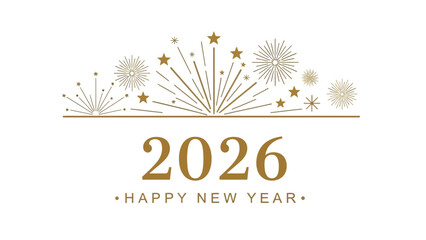Happy New Year 2026 elegant gold text with fireworks illustration on a white background