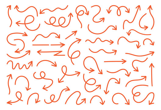 Hand drawn doddle red arrow icon set. Doodle movement spiral arrows, scribble, lines. 