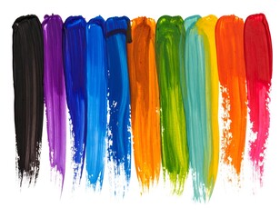 Fototapeta premium Vertical, colorful, abstract brushstrokes, creating a rainbow effect. Isolated against white background. Vibrant paint textures