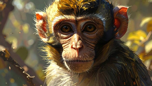 A close-up portrait of a young primate, gazing directly at the viewer with brown eyes, soft fur, and leaves framing its face