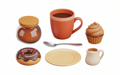 Coffee with donut and cupcake still life depicting breakfast treats on white table with orange accents for backgrounds