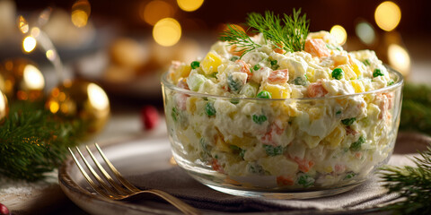 Traditional Russian salad served in glass bowl with festive decor  