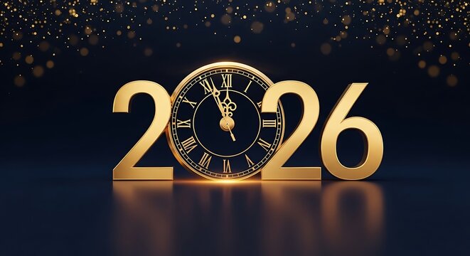 Golden 2026 new year celebration with clock on dark blue background, symbolizing the upcoming year and festive atmosphere with anticipation