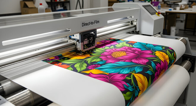 Digital textile printer printing vibrant floral designs on fabric showcasing dtf technology in fabric printing 99760144 1
