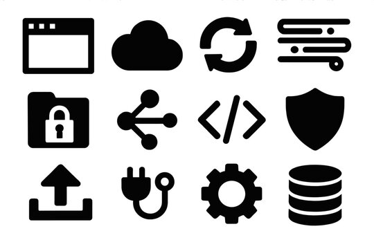 Brutalist Web API Icons. Web APIs silhouette icon set: browser window, cloud icon, REST symbol, data stream, secure folder, network lines, code brackets, shield emblem, upload