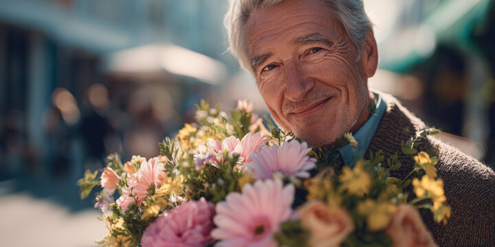 Elderly man smiling while holding a bouquet of flowers outdoors  