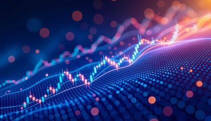 Vibrant abstract background of blue and red glowing stock market chart data wave. Futuristic technology for digital finance analysis