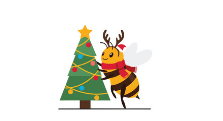 Fototapeta premium Cute bee wearing a Santa hat and antlers decorates a Christmas tree with lights and ornaments.