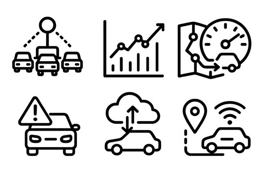 Connected Vehicle Icons. Smart Fleet linear icon set: connected vehicles, analytics chart, route optimization, fuel gauge, warning icon, cloud sync, distance marker, live update.