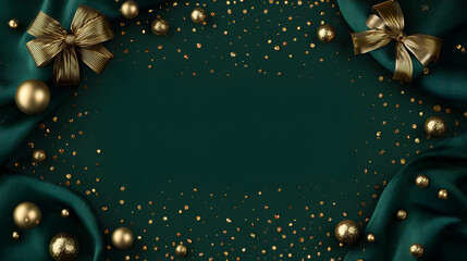 Decorative green background with golden ornaments and bows for festive celebrations and events
