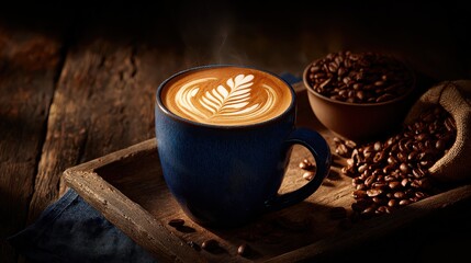 Artistic Coffee Latte in Blue Ceramic Mug on Wooden Tray with Coffee Beans