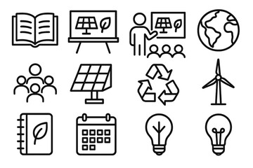 Educational Energy Icons. Educational Energy Transition linear icon set: open book, chalkboard, teacher icon, classroom, globe, student group, solar panel, recycling symbol, wind