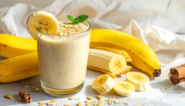 A close-up shot of a healthy drink with bananas, oats, and mint garnish. A sliced banana rests on the glass. Sunlight - Powered by Adobe