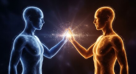 Two humanoid figures touch hands, generating glowing energy sparks against dark background