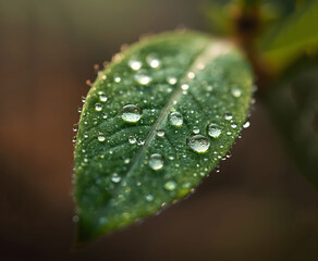 Fresh Green Leaf with Dew Drops in Natural Macro Detail