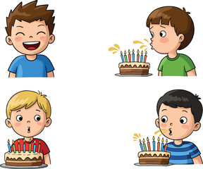 Cartoon, boys, birthday, cake, candles, blowing, celebration, party, character, fun, smile, hygiene, vector, illustration, emotion, pose, happy, childhood, dessert, moment