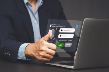 Businessman using fingerprint scan for digital login security.