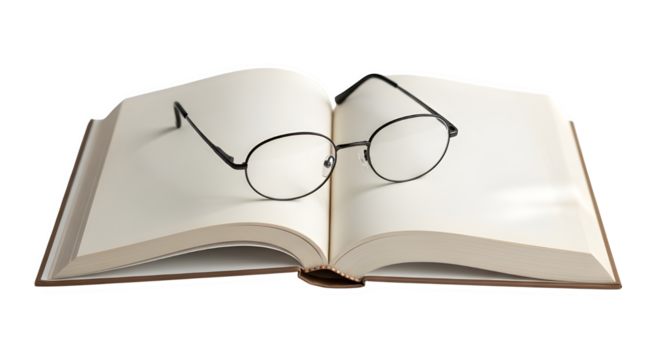 Open book with blank pages and eyeglasses on top, , inviting readers to immerse themselves in the world of literature, knowledge, and imagination, perfect for study - Powered by Adobe