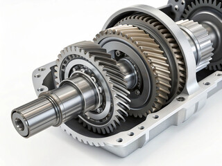 clean car transmission cross-section. The focus is on a prominent, large steel helical gear meshing with a smaller gear, both mounted on polished metal shafts with visible roller bearings.