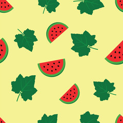 Watermelon Slices with Green Leaves Forming Fresh Summer Theme Seamless Pattern Design  

