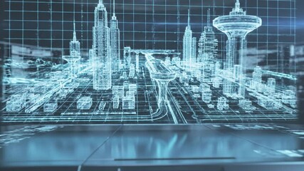 Futuristic city blueprint showcasing digital skyscraper architecture with glowing grid lines, urban planning, and advanced technology in high tech hologram projection of city infrastructure - Powered by Adobe
