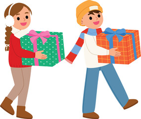 Young Boy and Girl Holding Christmas Gift and Walking Together, Cute Children Going to Christmas Party with Present, Kids going to Festival Celebration illustration