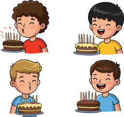 Cartoon, boys, birthday, cake, candles, blowing, celebration, party, character, smile, fun, vector, illustration, emotion, pose, happy, childhood, dessert, moment, joy