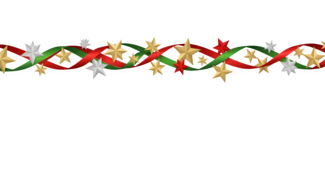 Festive star garland with red and green ribbons on black background