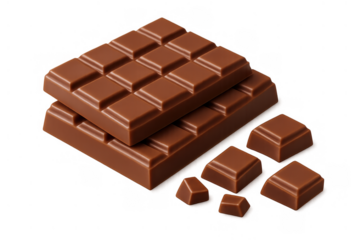 Milk chocolate bars stacked with broken squares, rich creamy brown confectionery dessert food snack, transparent background