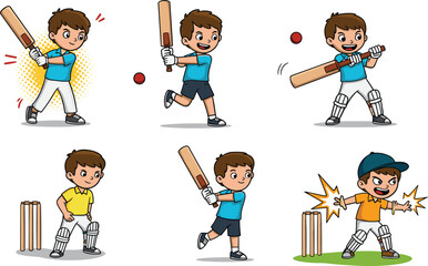 Cartoon, cricket, children, playing, bat, stumps, sports, action, fun, outdoor, vector, illustration, game, swing, pose, celebration, gear, sunny, expressive, character