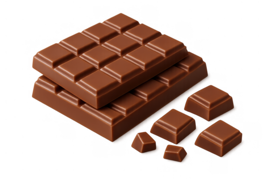 Milk chocolate bars stacked with broken squares, rich creamy brown confectionery dessert food snack, transparent background