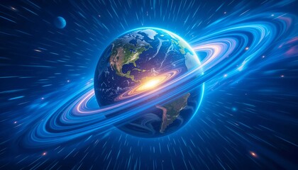 Dynamic cosmic energy ring glow around Earth's sphere in warp speed travel