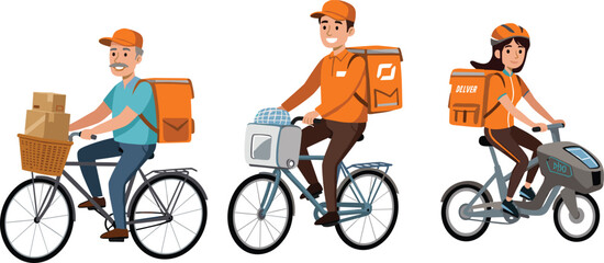 Cartoon, delivery, bicycle, courier, character, transport, service, backpack, boxes, helmet, motion, vector, illustration, rider, job, logistics, street, express, package, uniform