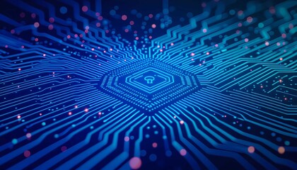 Futuristic microchip shows glowing circuit board for digital technology and data security