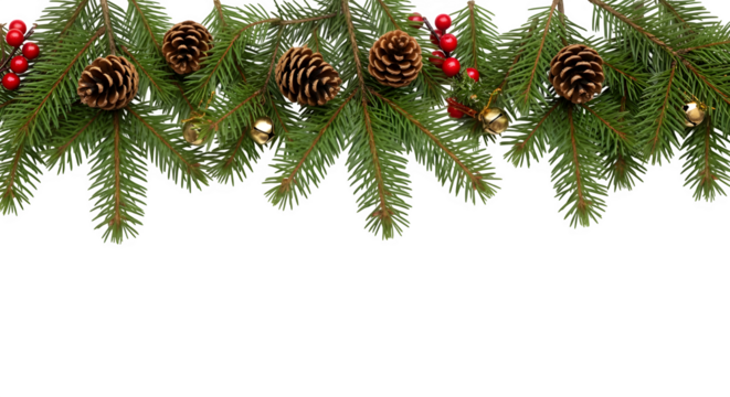 Festive christmas garland with pine cones and red berries on black background