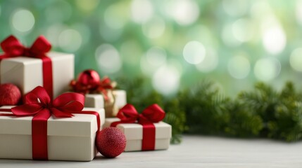 Group of wrapped Christmas gifts with red ribbons and festive baubles on a white table, green bokeh background