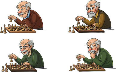 Cartoon, elderly, men, chess, game, strategy, thinking, board, pieces, concentration, character, indoor, vector, illustration, senior, intelligence, pose, competition, wisdom, activity