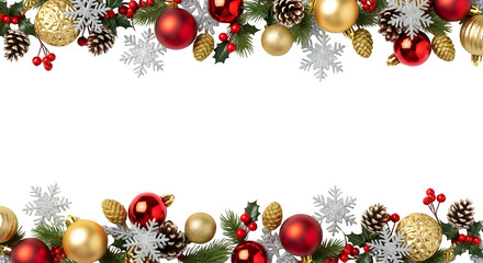 Festive christmas garland border with ornaments and snowflakes