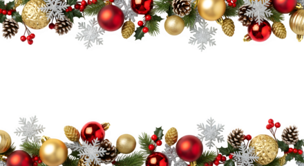 Festive christmas garland border with ornaments and snowflakes