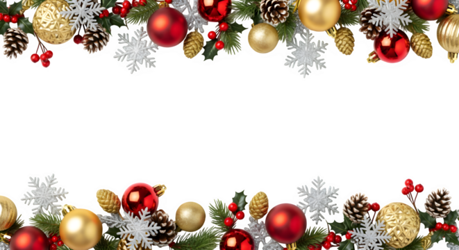 Festive christmas garland border with ornaments and snowflakes