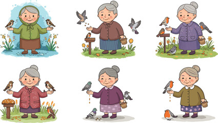 Cartoon, elderly, woman, bird, feeding, nature, outdoor, character, kindness, animals, plants, vector, illustration, peaceful, care, garden, smile, interaction, senior, wildlife