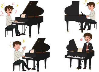 Cartoon, man, piano, music, performance, emotion, character, pose, grand, notes, vector, illustration, activity, sound, entertainment, formal, casual, rhythm, joy, expression