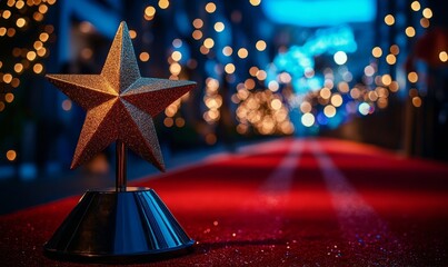 couple of stars on a celebrity red carpet during a festive award ceremony event. The elegant scene reflects glamour, celebration, and the excitement of a prestigious event, Generative AI