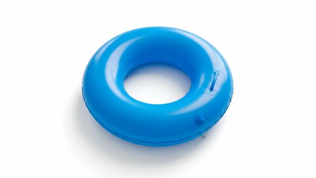 A vibrant blue inflatable ring floats against a crisp white background, casting a subtle shadow