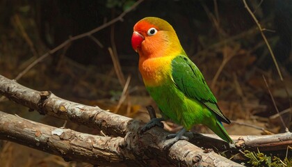 A colorful parrot with vibrant orange, yellow, and green plumage perches on a weathered branch. Its red beak is prominent